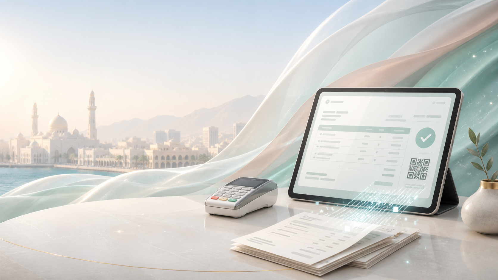 Tablet displaying a verified electronic invoice beside a payment terminal in an Omani business setting